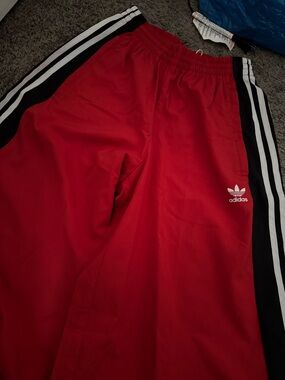 adidas Red Track Pants with Black & White Side Stripes